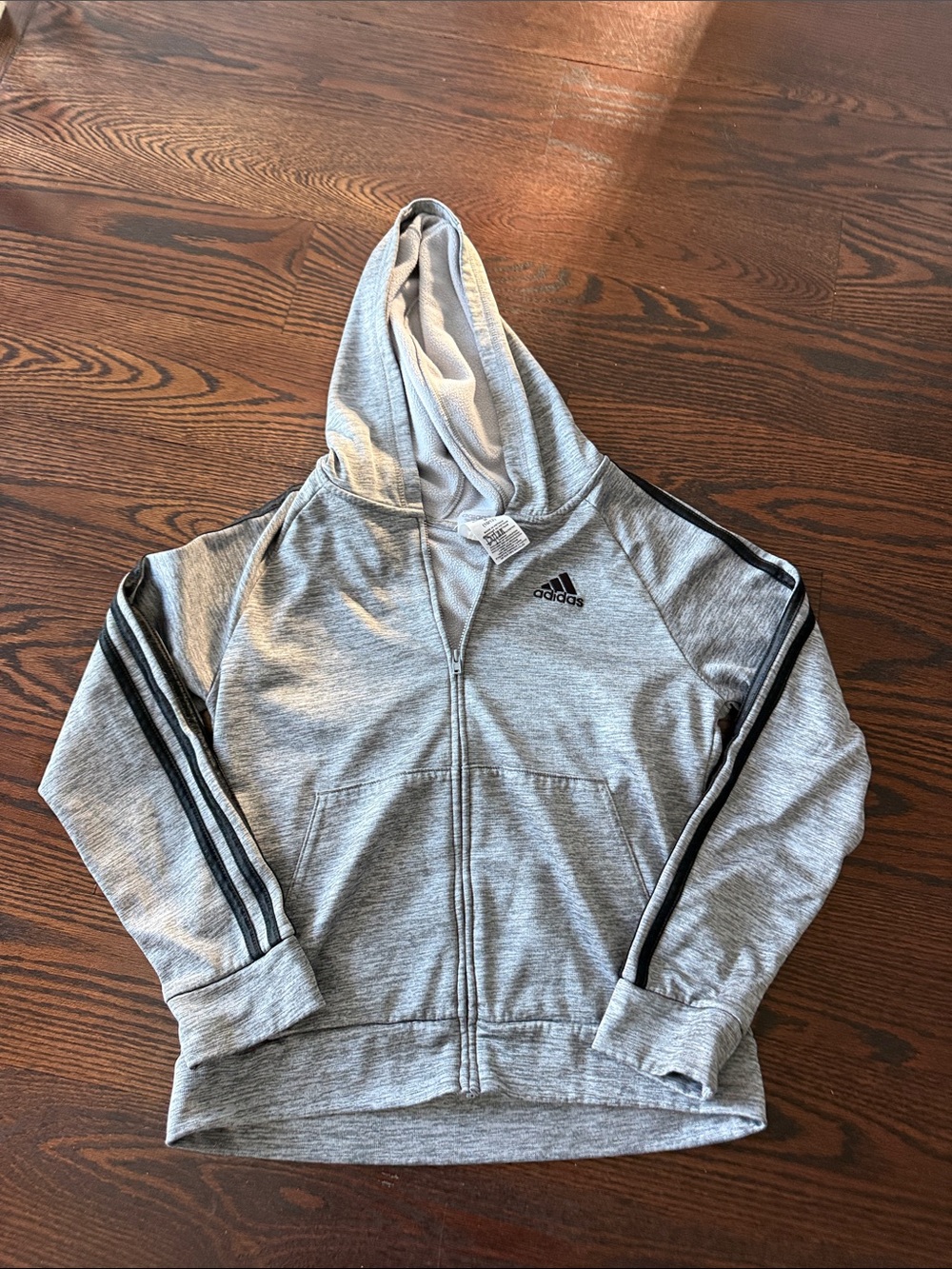 adidas Kids Light Gray Hooded Zip-Up Sweatshirt with Black Stripes